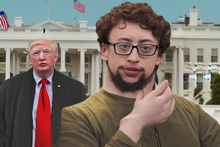 Prompt: Sam Hyde as the president of USA, rule of thirds, sigma male, standing at the White House, proud, tall, macho, jets flying across