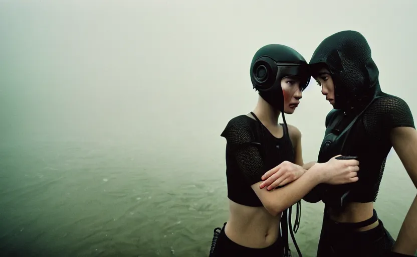 Image similar to cinestill 5 0 d candid photographic portrait by helen levitt of two loving female androids wearing rugged black mesh techwear in treacherous waters, extreme closeup, modern cyberpunk moody emotional cinematic, dust storm, 8 k, hd, high resolution, 3 5 mm, f / 3 2, ultra realistic faces, ex machina