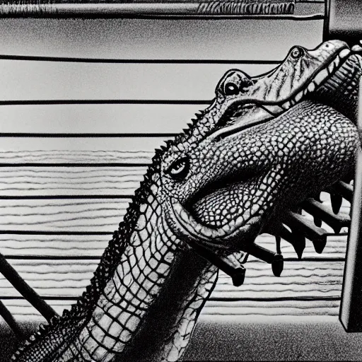 Image similar to an alligator in a fencing duel with a crocodile, highly detailed, 4K, by Chris van Allsburg