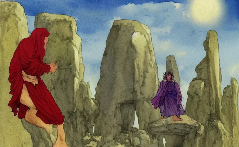 Image similar to a realistic and atmospheric watercolor fantasy concept art of giant monk with a long forehead in grey robes sitting in stonehenge. in the background a ufo is in the sky. by rebecca guay, michael kaluta, charles vess