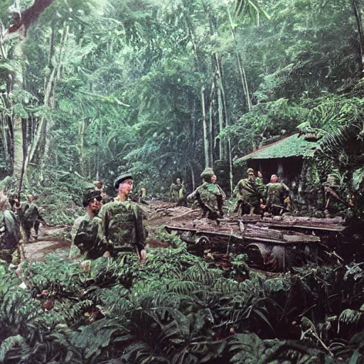 Prompt: wide shot, a formation of American Soldiers patrolling deep in the thick, Vietnamese forest in 1969, painting, colored