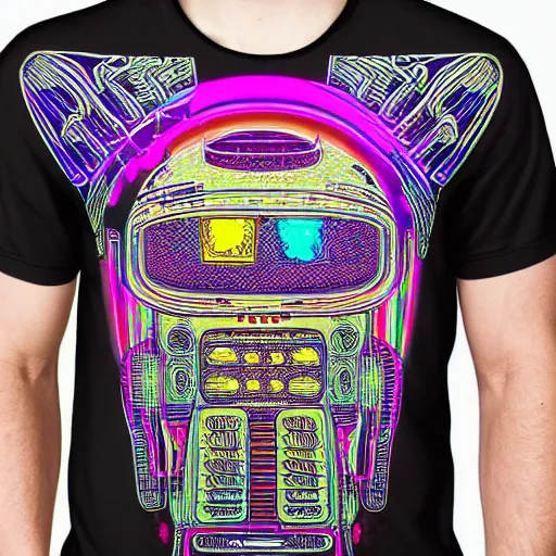 Image similar to a black tshirt with a hyperdetailed portrait of a cyberpunk robot by robert crumb, 8 k, symetrical, flourescent colors, happy trippy mood, multicolored,