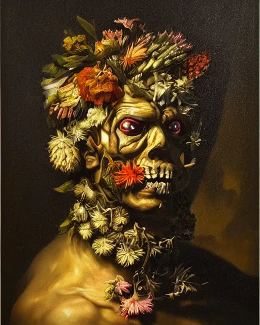 Prompt: oil painting portrait dark background of a mutant man with a strange disturbing face made of flowers and insects by otto marseus van schriek rachel ruysch christian rex van minnen dutch golden age dramatic lighting chiaroscuro