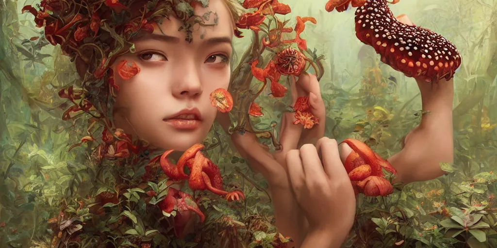 Image similar to breathtaking detailed concept art painting of the girl with rafflesia arnoldii flowers, saint, with anxious, piercing eyes, ornate background, amalgamation of leaves and flowers, by Hsiao-Ron Cheng, James jean, Miho Hirano, Hayao Miyazaki, extremely moody lighting, 8K