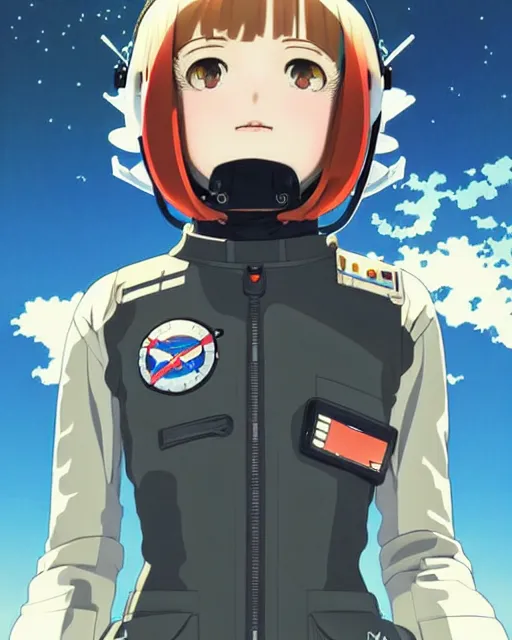 Image similar to ilya kuvshinov anime illustration of young astronaut girl, last exile, murata range, fine detail, perfect anime face, dramatic lighting, dynamic composition, art deco, cel shading, vivid, rich texture, yoshinari yoh, alphonse mucha, ( ( ( colorful ) ) )