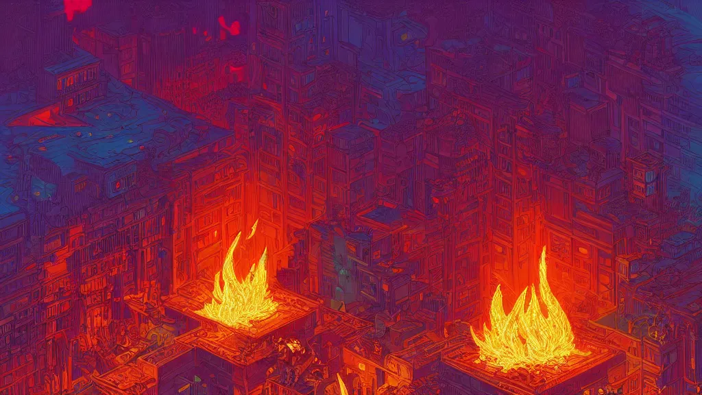 Image similar to highly detailed illustration of an amazing colorful fire in the middle of the night by kilian eng, moebius, nico delort, oliver vernon, joseph moncada, damon soule, manabu ikeda, kyle hotz, dan mumford, otomo, 4 k resolution