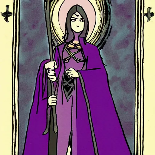 Image similar to an attractive female necromancer mage symmetrical, donned in black cloak with purple staff