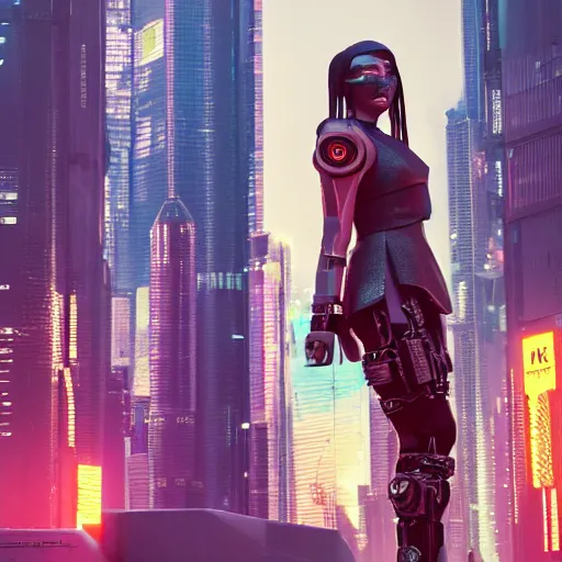 Prompt: a futuristic still of cyberpunk monalisa in a cyberpunk city, 8k, trending on artstation, highly detailed, 3d octane render