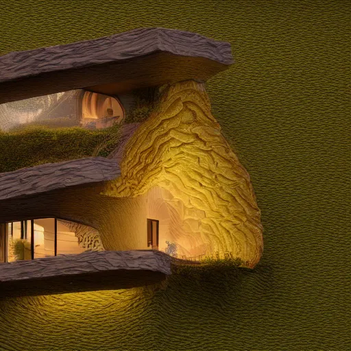 Image similar to small hillside house made of honey, modern lighting, hyper - realistic, hyper - detailed, 8 k, octane rendered, art nouveau, organic, flowing, impossible torsion, writhing, lush, dynamic