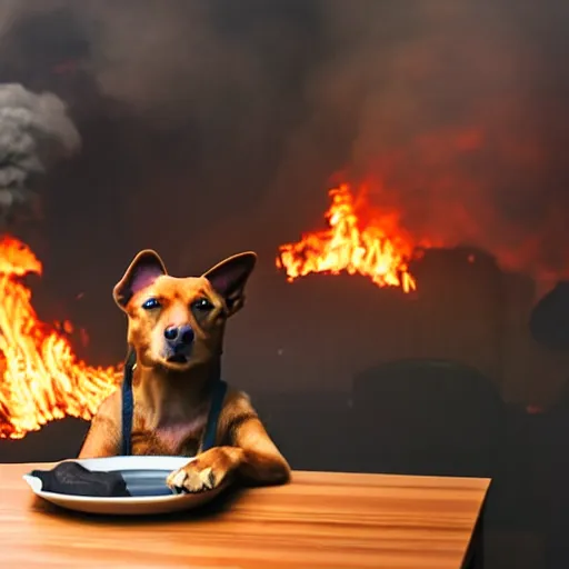 Image similar to a photograph of an humanlike relaxed dog in his house, sitting at a table, ☕ on the table, surrounded by flames, room is on fire, smoke under the ceiling