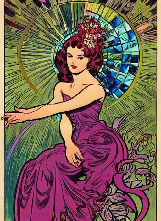 Prompt: a beautiful young woman. she is a flower fairy. well composed, clean elegant painting, beautiful detailed face. retro comic book art by steve ditko and jack kirby and ( alphonse mucha )