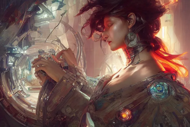 Image similar to light, sacred geometry, algorithms, intelligence and science, cyberpunk masterpiece, art by artgerm and greg rutkowski and ruan jia and Mucha