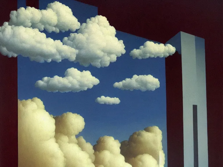 Image similar to room full of clouds, painting by rene magritte, centered, high detail, high resolution