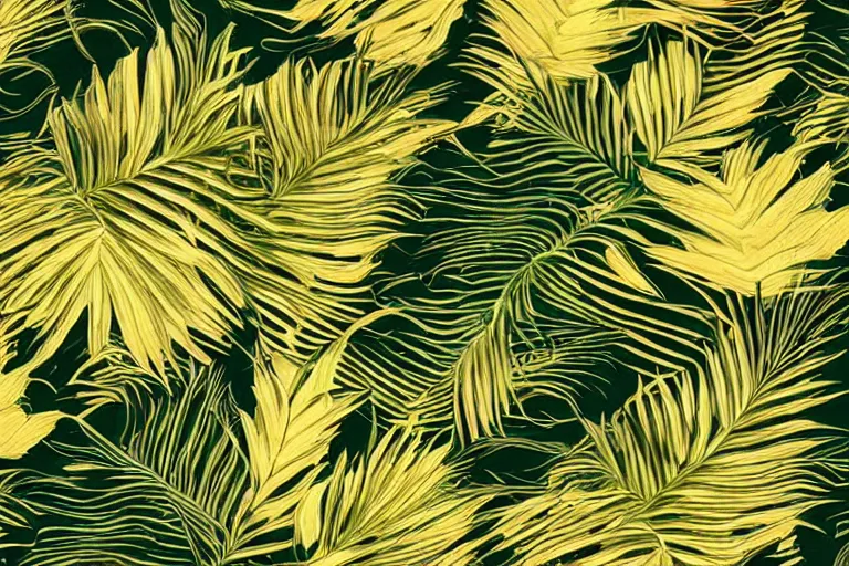 Image similar to photorealistic print of exotic, elegant tropical prints, isolated in a black background : : green surreal plants, golden flowers, art nouveau, desaturate, trending on artstation