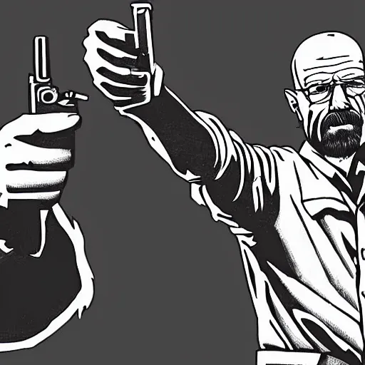 Prompt: Walter White pointing a gun at center, accurate anatomy, highly detailed