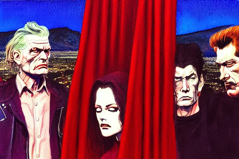 Prompt: a hyperrealist watercolour character concept art portrait of twin peaks. red curtain. on well lit night in the las vegas. there is a motorcycle. a ufo is in the background. by rebecca guay, michael kaluta, charles vess and jean moebius giraud