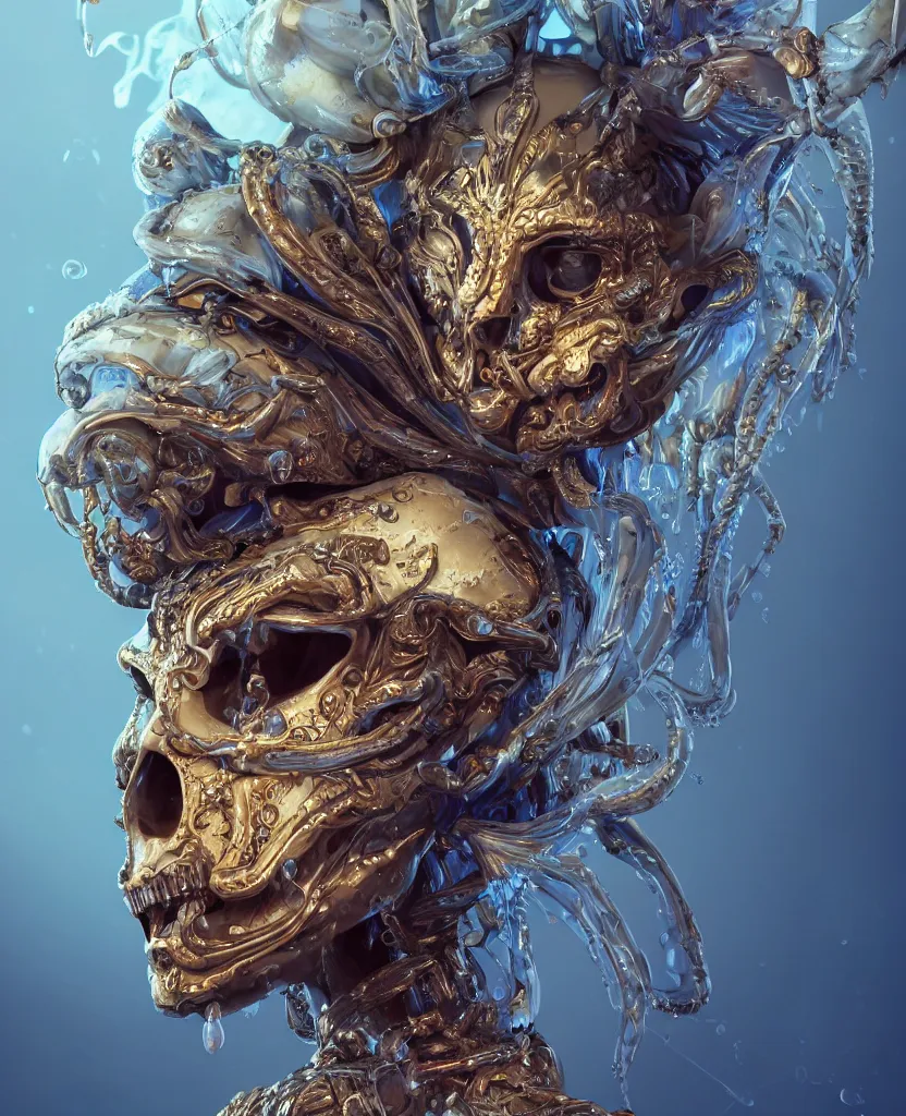 Image similar to close-up macro portrait of the face of a beautiful princess with animal skull mask, epic angle and pose, symmetrical artwork, 3d with depth of field, blurred background, cybernetic jellyfish female face skull phoenix bird, translucent, nautilus, energy flows of water and fire. a highly detailed epic cinematic concept art CG render. made in Maya, Blender and Photoshop, octane render, excellent composition, cinematic dystopian brutalist atmosphere, dynamic dramatic cinematic lighting, aesthetic, very inspirational, arthouse. y Greg Rutkowski, Ilya Kuvshinov, WLOP, Stanley Artgerm Lau, Ruan Jia and Fenghua Zhong