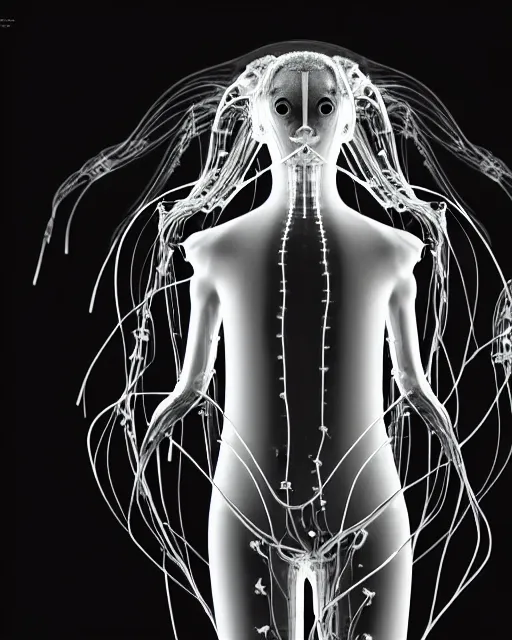 Image similar to black and white young cyborg-human-jellyfish-plant goddess high quality photo, microchip, artificial intelligence, bio-mechanical bio-luminescence, black wired cables, neurons, nerve cells, octane render, cinematic, rim light, hyper realism, photo-realistic, high detail, 8k, masterpiece, high fashion, in the style of Steven Meisel and Dora Maar and H.G. Giger