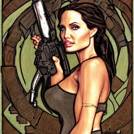 Prompt: angelina jolie as lara croft, mucha style,