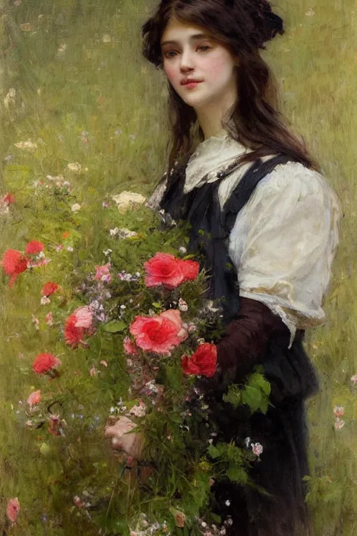 Image similar to Richard Schmid and Jeremy Lipking full length portrait painting of a young beautiful edwardian girl hold a large bouquet of flowers