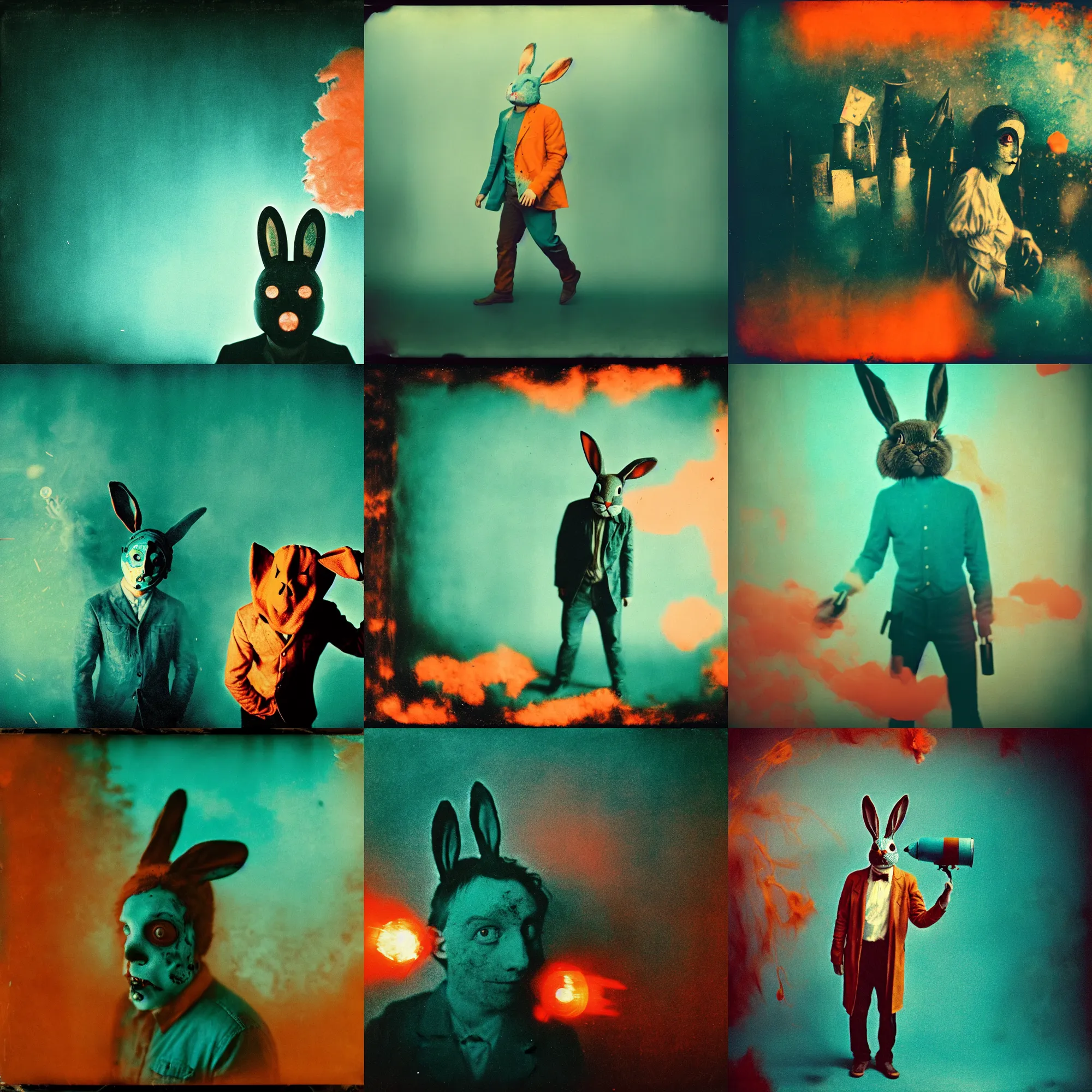 Prompt: kodak portra 4 0 0, wetplate, teal and orange colours, bunny head, the walking dead, 1 9 1 0 s style, motion blur, portrait photo of a backdrop, explosions, rockets, bombs, sparkling, fog, by georges melies and by britt marling