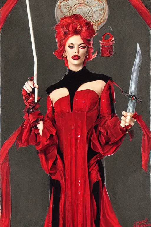 Image similar to Lord Licorice in a red and black sequins gown holding a peppermint sword, painting by Mark Brooks