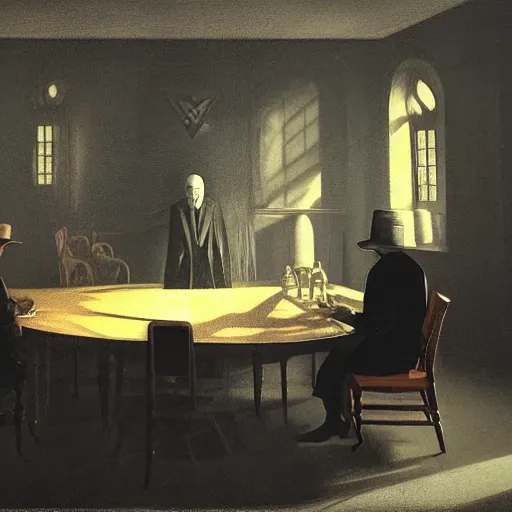 Prompt: Occult shadow figures of men inside a freemasonic lodge with a chequered floor conversing around a table in secrecy, moody and atmospheric, dramatic scene, dimly lit room, cgsociety, 8k resolution, trending on artstation, octane render by Quint Buchholz, Pieter Claesz and Edward hopper