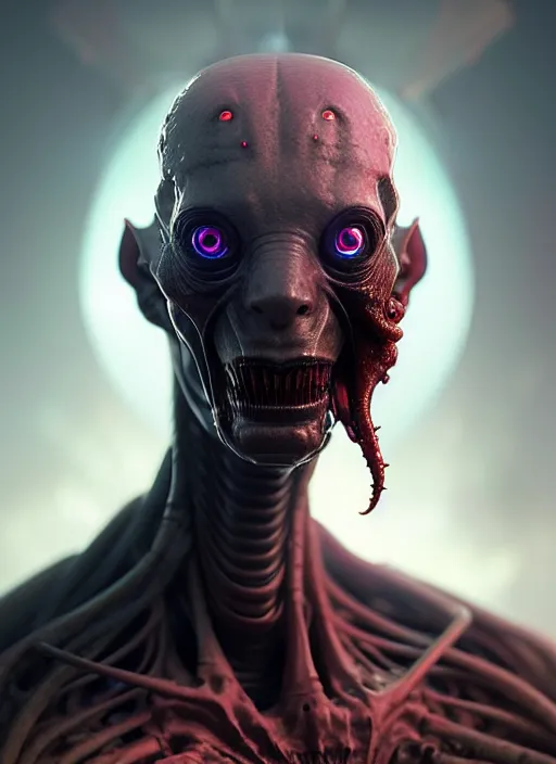 Image similar to portrait of a space alien, varying detailed skin, octane render, piercing glowing eyes, realistic render, detailed, ugly, slimy unreal engine, symmetrical!!, greg rutkowski and ruan jia, cinematic