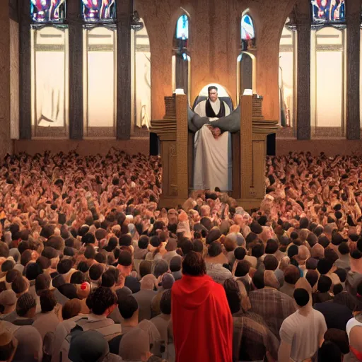 Prompt: jesus christ rapping on a podium to a crowd of people, 4 k image, hd, high res, unreal engine, medieval