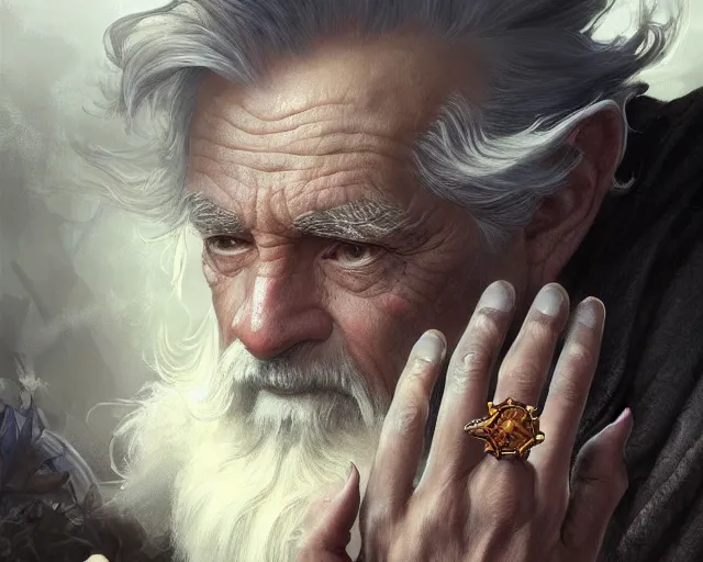 Image similar to old man wearing a ring on each finger, deep focus, d & d, fantasy, intricate, elegant, highly detailed, digital painting, artstation, concept art, matte, sharp focus, illustration, hearthstone, art by artgerm and greg rutkowski and alphonse mucha