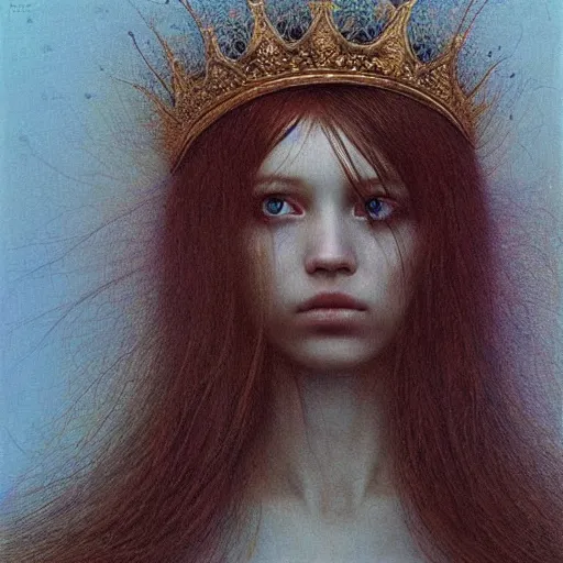 Prompt: young teen queen with long golden hairs in golden crown, very white pale, blue eyes, painting by Beksinski