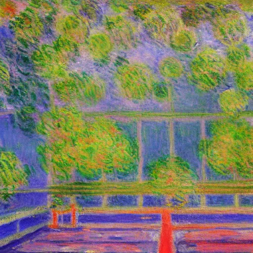 Prompt: tennis court, art by claude monet, impressionism, oil painting, bright colors, advertising painting