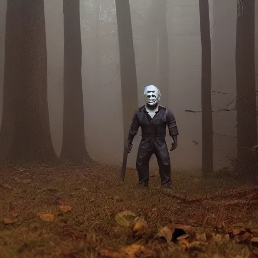 Prompt: He still image of Michael Myers in the woods foggy very detailed 4K quality super realistic