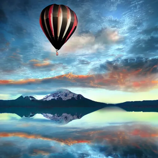 Image similar to photo of two black swans touching heads in a beautiful reflective mountain lake, a colorful hot air balloon is flying above the swans, hot air balloon, intricate, 8k highly professionally detailed, HDR, CGsociety