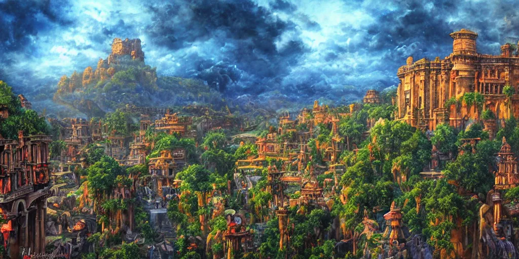 Image similar to fantasy oil painting, regale, refined, fortress mega structure city, antep, argos, indore, ellora, hybrid, looming, small buildings, warm lighting, street view, overlooking, epic, lush plants flowers, rainforest mountains, bright clouds, luminous sky, outer worlds, cinematic lighting, michael cheval, david palladini, oil painting, natural tpose