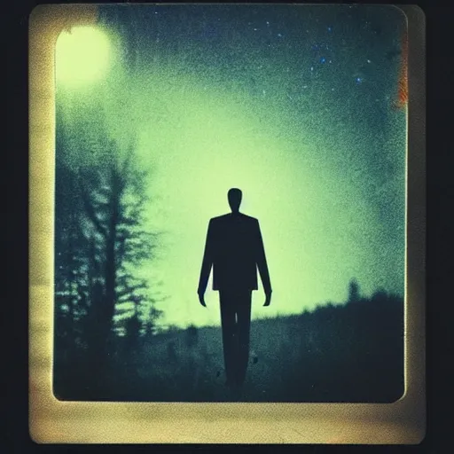 Prompt: a slenderman in the night sky, polaroid photo, perfect photo, photo pinterest