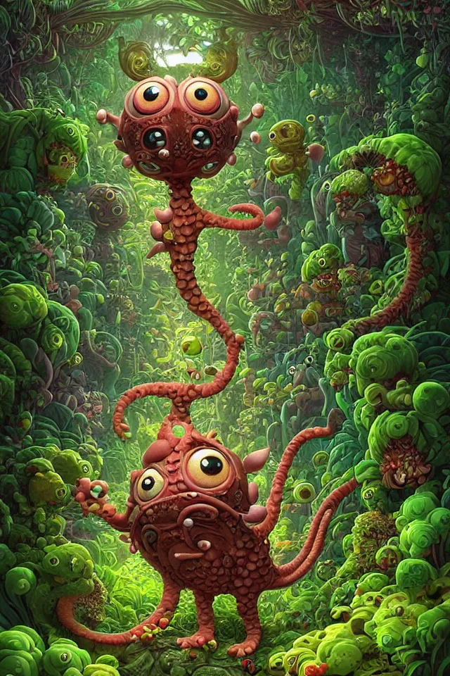 Image similar to an intricate cute monster, taking a walk, lush jungle, by kokaris, naoto hattori, moebius and android jones