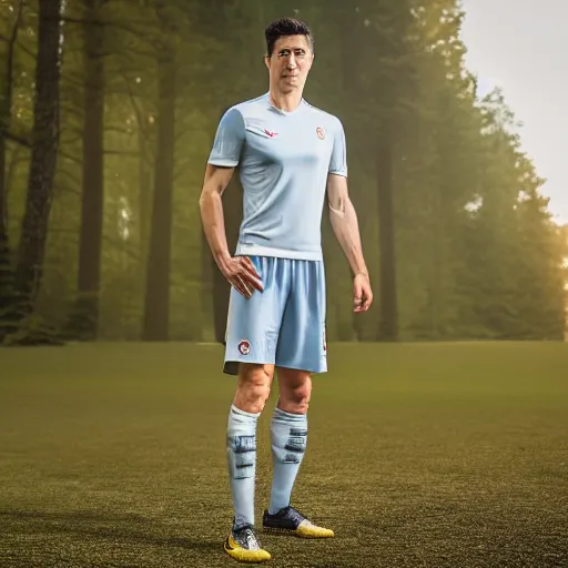 Image similar to Robert Lewandowski standing while posing for a photo, award winning photography, HDR, studio lighting, dynamic pose, medium close shot, shot on Canon EOS R5, f/2.5,