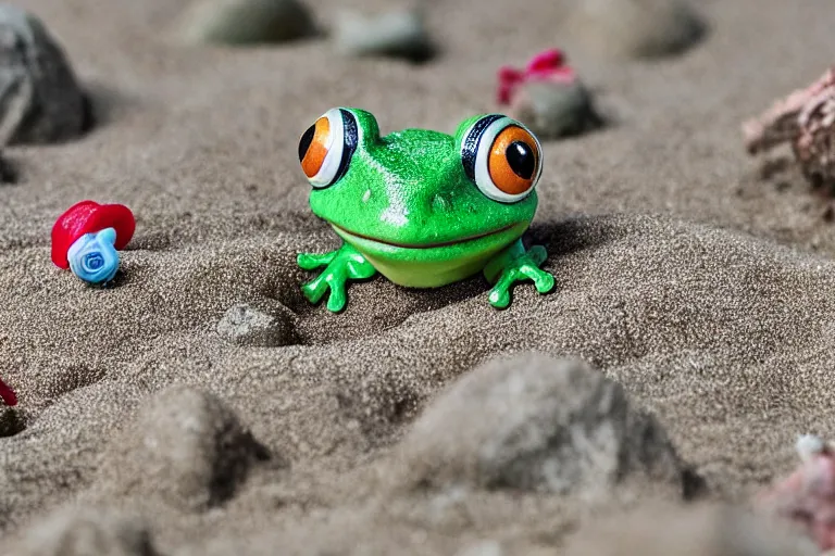 Image similar to fisher price frog on the beach, california, in 2 0 1 5, perfect focus, scene from tv show hyper detailed 5 5 mm 8 5 mm, toy photography, made out of plastic