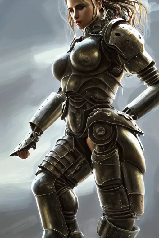 Prompt: a photorealistic painting of an attractive young girl, partially clothed in dirty metal-plated battle armor, dirty olive skin, long dark hair, beautiful bone structure, perfectly symmetrical face, perfect eyes, intricate, elegant, action pose, digital painting, concept art, illustration, sharp focus, minimal artifacts, volumetric lighting, from Metal Gear, in the style of Ruan Jia and Mandy Jurgens and Greg Rutkowski, trending on Artstation, award winning
