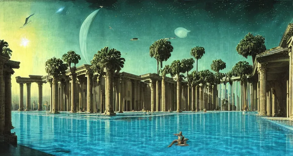 Image similar to a large tiled swimming pool with many palm trees surrounded by roman architecture columns and statues, underneath a star filled night sky, harold newton, zdzislaw beksinski, donato giancola, warm coloured, gigantic pillars and flowers, maschinen krieger, beeple, star trek, star wars, ilm, atmospheric perspective