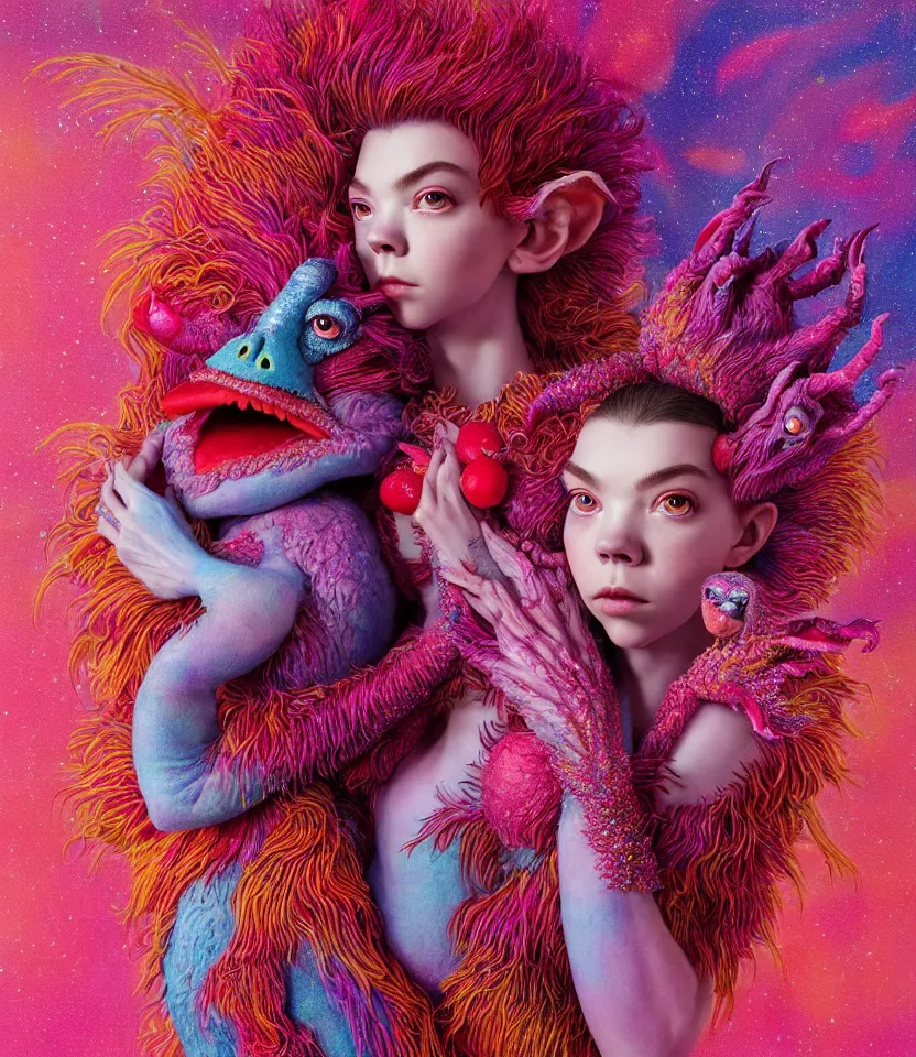 Image similar to hyper detailed 3d render like a Oil painting - kawaii portrait of two Aurora (a beautiful girl skeksis muppet fae princess protective playful expressive acrobatic from dark crystal that looks like Anya Taylor-Joy) seen red carpet photoshoot in UVIVF posing in scaly dress to Eat of the Strangling network of yellowcake aerochrome and milky Fruit and His delicate Hands hold of gossamer polyp blossoms bring iridescent fungal flowers whose spores black the foolish stars by Jacek Yerka, Ilya Kuvshinov, Mariusz Lewandowski, Houdini algorithmic generative render, golen ratio, Abstract brush strokes, Masterpiece, Edward Hopper and James Gilleard, Zdzislaw Beksinski, Mark Ryden, Wolfgang Lettl, hints of Yayoi Kasuma and Dr. Seuss, octane render, 8k