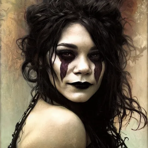 Image similar to beautiful portrait of vanessa hudgens as death from sandman, smiling, by cedric peyravernay, alphonse mucha, by jeremy mann, by lecouffe deharme, goth chic, soft lightning, eyeliner, punk rock, high detailed, 8 k