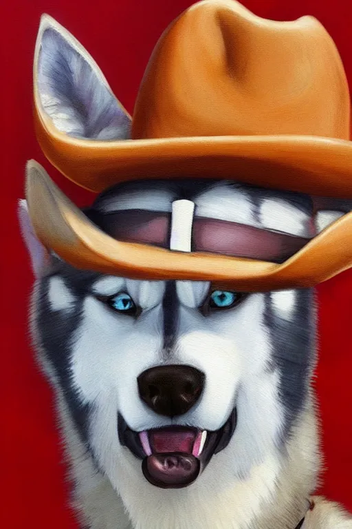 Image similar to a portrait painting of a husky in cowboy costume, wearing a cowboy hat, by studio ghibli, [ western film ], [ red dead ], trending on artstation