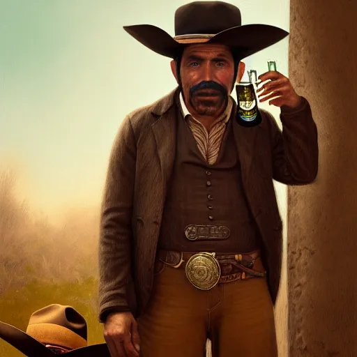 Prompt: illustration of a mexican man, missing one front teeth, with one small, dirt, wild west, with hat drinking a beer on train station, fantasy, intricate, elegant, highly detailed, digital painting, artstation, concept art, matte, sharp focus, art by aenaluck and roberto ferri and greg rutkowski, epic, juan caloto,