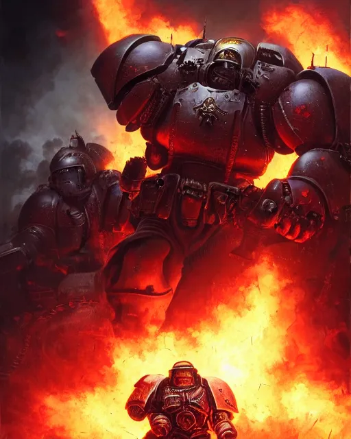 Image similar to space marine surrounded by explosions and burning buildings, sharp focus, hyper detailed, dark fantasy, warhammer 4 0 k, digital painting, by by artgerm and greg rutkowski and magali villeneuve