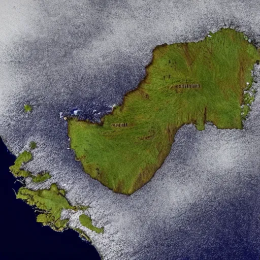 Prompt: highly realistic map of a large island with a dormant volcano in the middle, 8 k, hyperrealistic, nostalgic, ambient lighting, fantasy