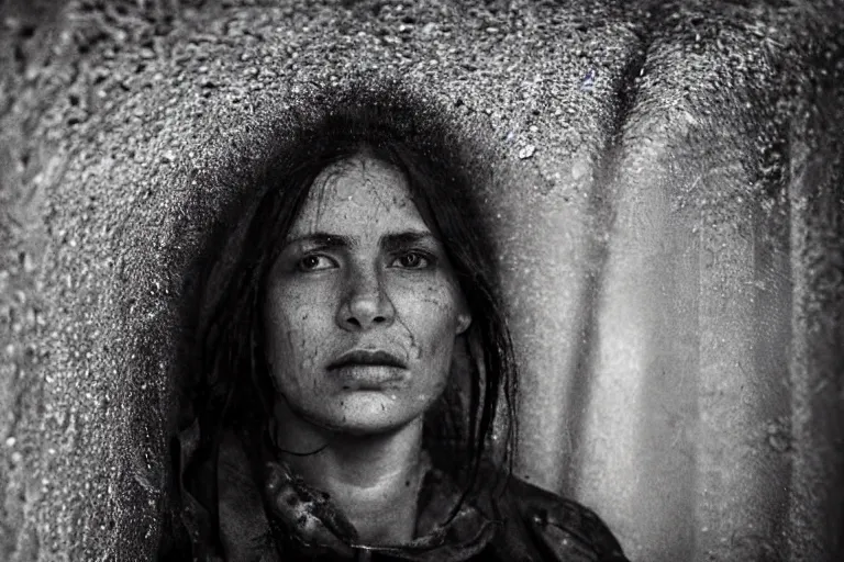 Image similar to a closeup cinematic!! headshot photograph!! of a beautiful female homeless war veteran, stood in a tunnel, rain, dirt, film still, cinematic lighting, by bill henson