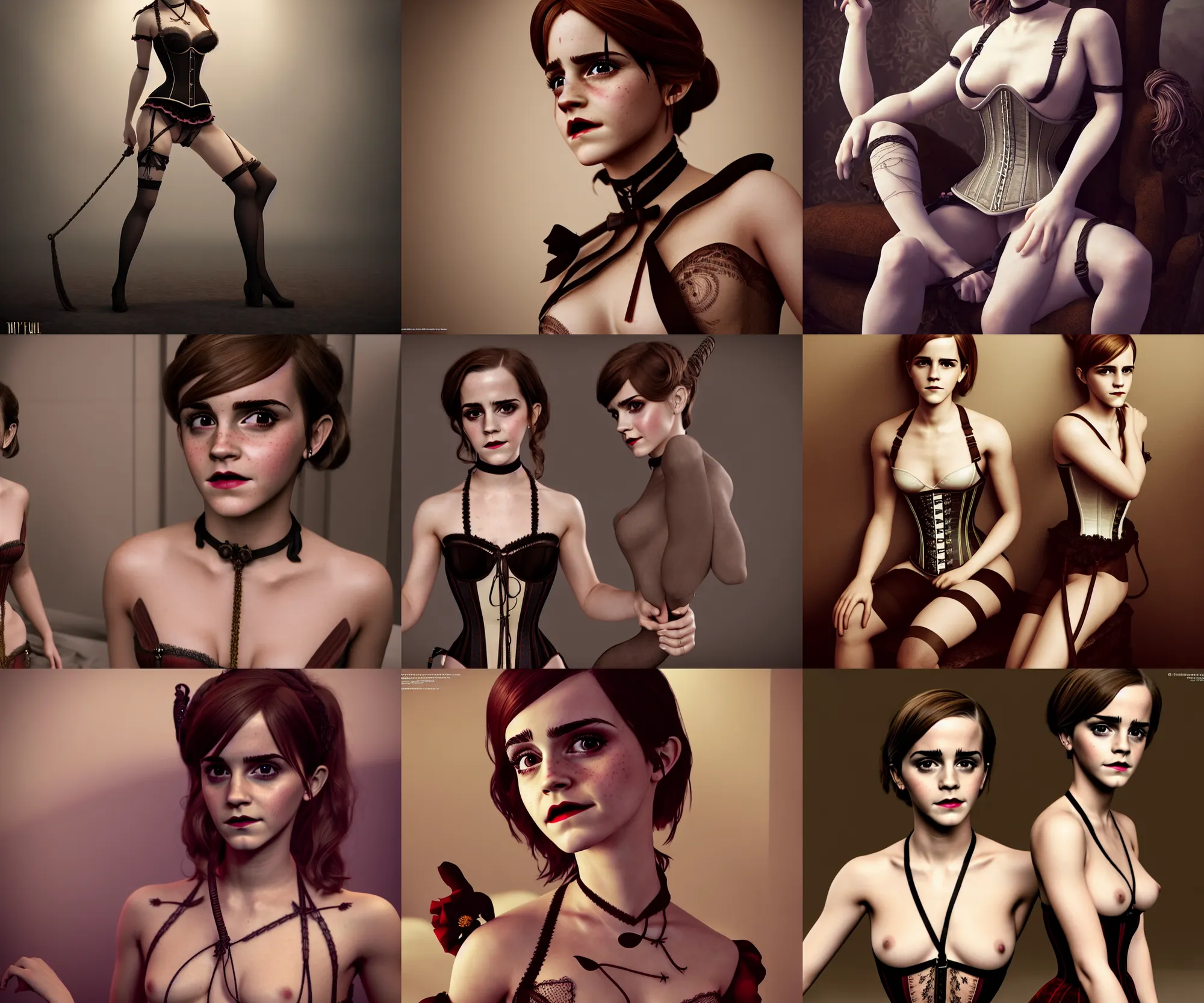 Prompt: full shot portrait of very very beautiful emma watson spreading as maiden in stockings corset choker bondage home mistress, character design by mark ryden and pixar and hayao miyazaki, unreal 5, daz, hyperrealistic, octane render, cosplay, rpg portrait, dynamic lighting, intricate detail, cinematic