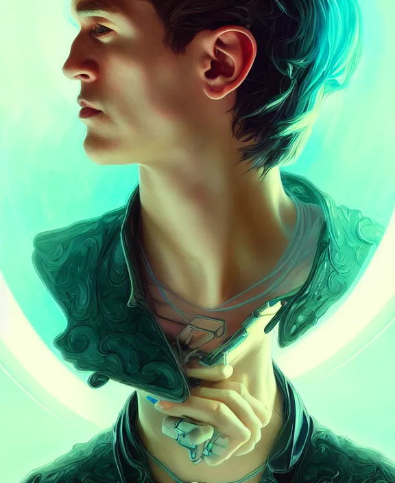 Image similar to a whirlwind inside the metaverse, guy, male, man, hologram, half body, neurochip, android, cyborg, cyberpunk face, by loish, d & d, fantasy, intricate, elegant, highly detailed, colorful, digital painting, artstation, concept art, art by artgerm and greg rutkowski and alphonse mucha